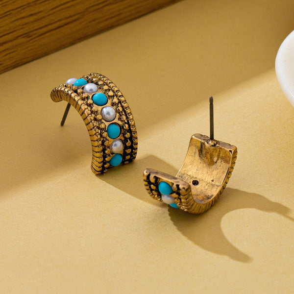 Vintage Western Turquoise & Pearl Hoop Earrings | 80E63239