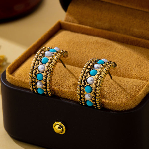 Vintage Western Turquoise & Pearl Hoop Earrings | 80E63239