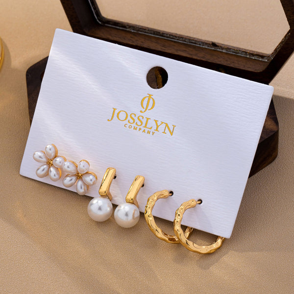 Pearl & Floral Gold Textured Earring Set | 80E63276