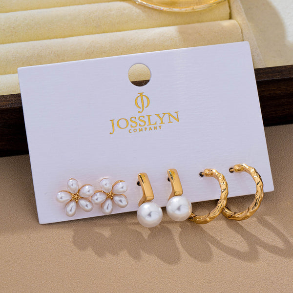 Pearl & Floral Gold Textured Earring Set | 80E63276