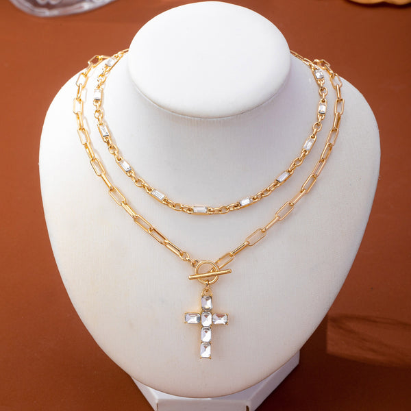 Layered Paperclip Chain Crystal Cross Necklace | 80N93790