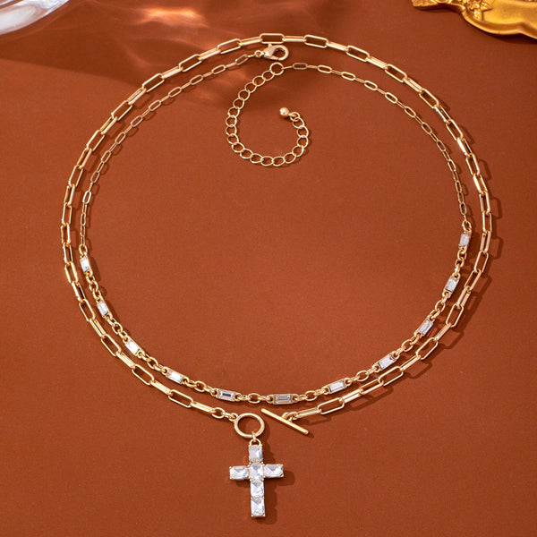 Layered Paperclip Chain Crystal Cross Necklace | 80N93790