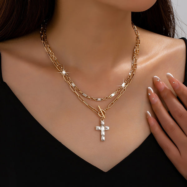 Layered Paperclip Chain Crystal Cross Necklace | 80N93790
