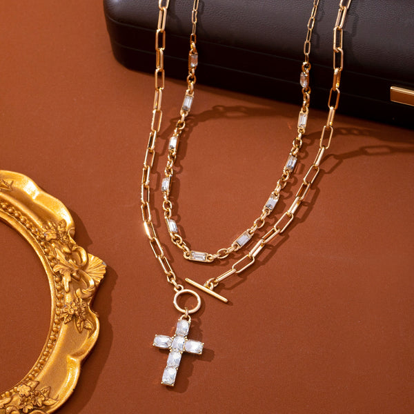 Layered Paperclip Chain Crystal Cross Necklace | 80N93790