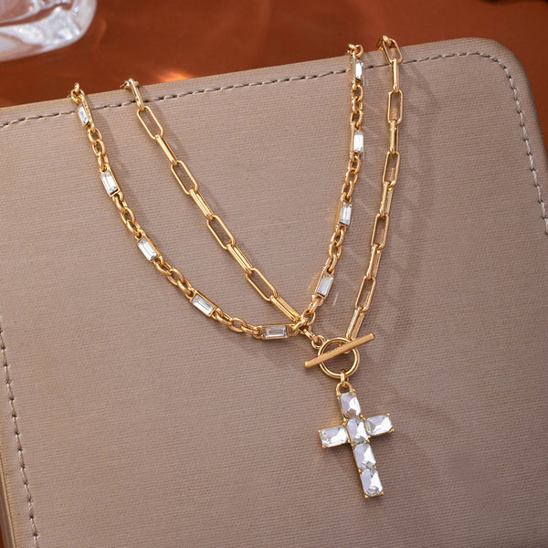 Layered Paperclip Chain Crystal Cross Necklace | 80N93790