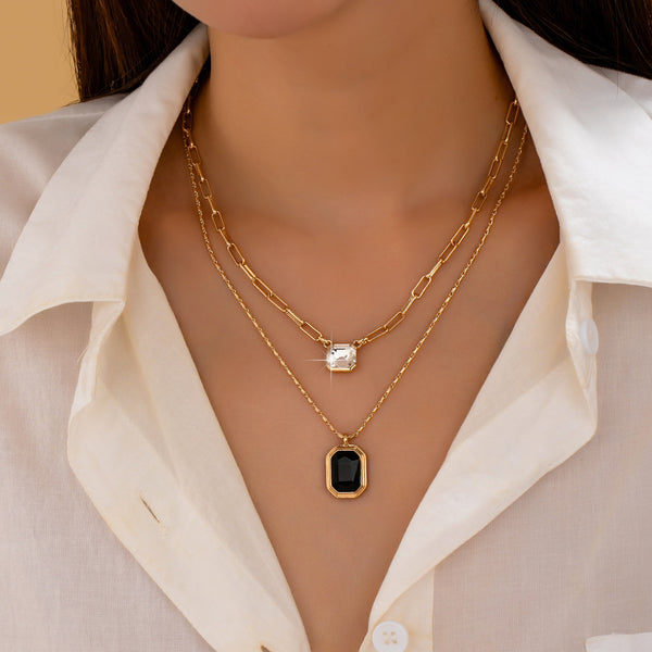 Layered Paperclip Chain Double Gemstone Necklace | 80N93798