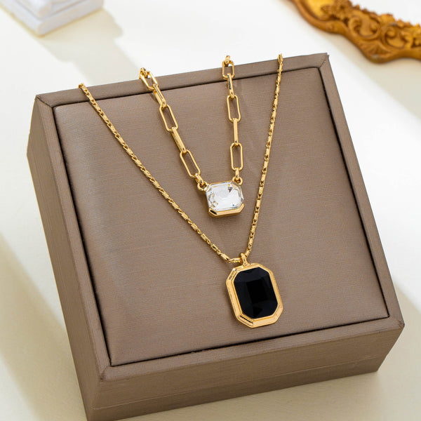 Layered Paperclip Chain Double Gemstone Necklace | 80N93798
