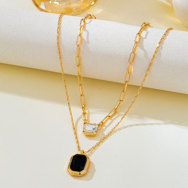 Layered Paperclip Chain Double Gemstone Necklace | 80N93798