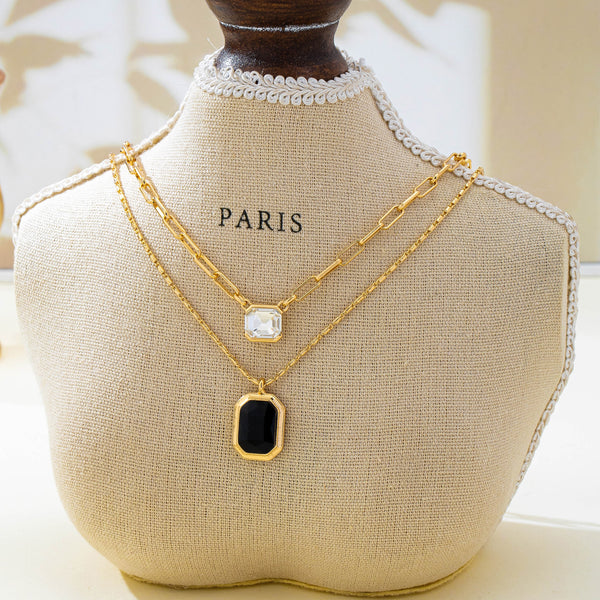 Layered Paperclip Chain Double Gemstone Necklace | 80N93798