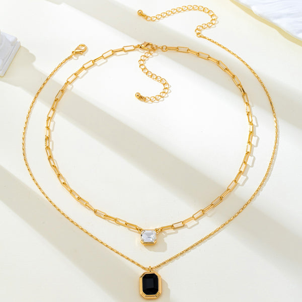 Layered Paperclip Chain Double Gemstone Necklace | 80N93798
