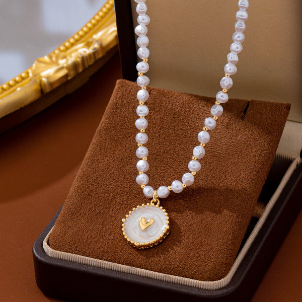 Pearl Beaded  Enamel Heart Charm necklace | 80N93783