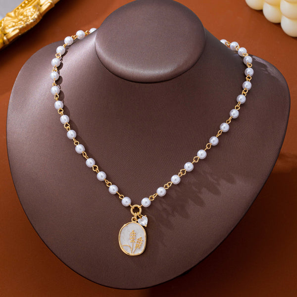 Pearl Chain Floral Oval Enamel Pendant Necklace | 80N93786