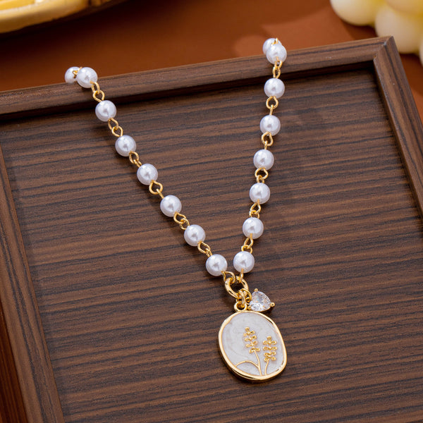 Pearl Chain Floral Oval Enamel Pendant Necklace | 80N93786