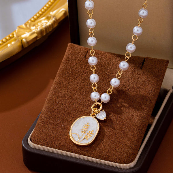 Pearl Chain Floral Oval Enamel Pendant Necklace | 80N93786