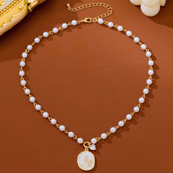 Pearl Chain Floral Oval Enamel Pendant Necklace | 80N93786