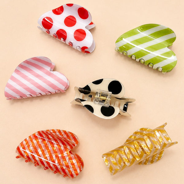Retro Polka Dot & Striped Heart Hair Claw Clips | 40H1212