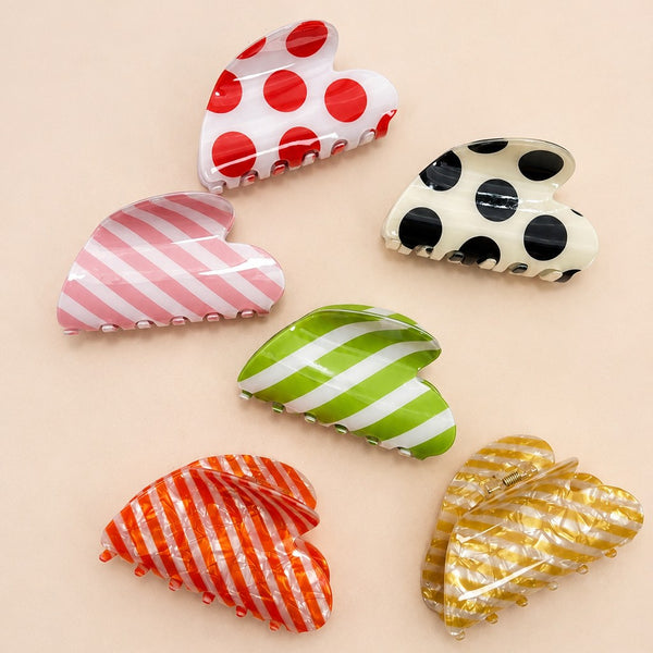 Retro Polka Dot & Striped Heart Hair Claw Clips | 40H1212