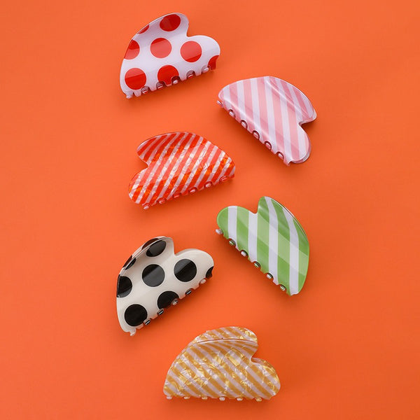 Retro Polka Dot & Striped Heart Hair Claw Clips | 40H1212