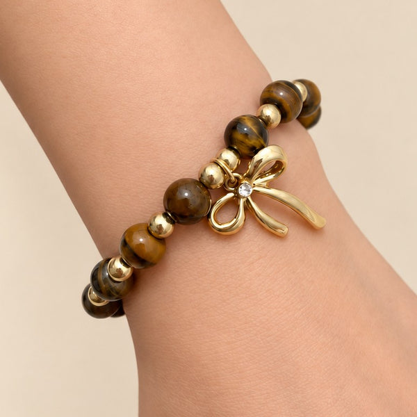 Natural Stone Tiger Eye Ribbon Bow Charm Bracelet | 40B5286