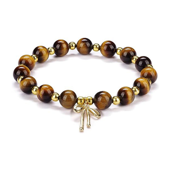 Natural Stone Tiger Eye Ribbon Bow Charm Bracelet | 40B5286