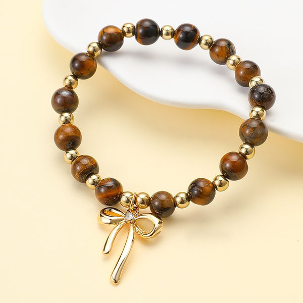 Natural Stone Tiger Eye Ribbon Bow Charm Bracelet | 40B5286