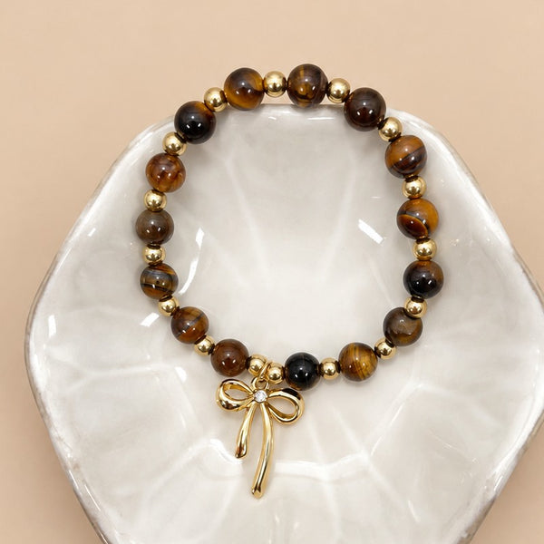 Natural Stone Tiger Eye Ribbon Bow Charm Bracelet | 40B5286