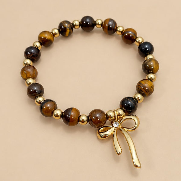 Natural Stone Tiger Eye Ribbon Bow Charm Bracelet | 40B5286