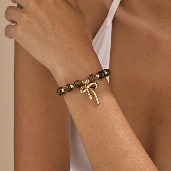 Natural Stone Tiger Eye Ribbon Bow Charm Bracelet | 40B5286