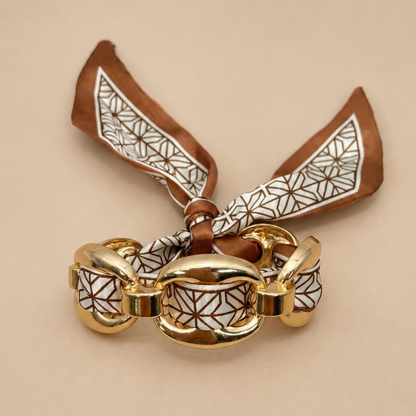 Printed Silk Scarf-Wrapped Gold Cuff Bracelets | 40B5288