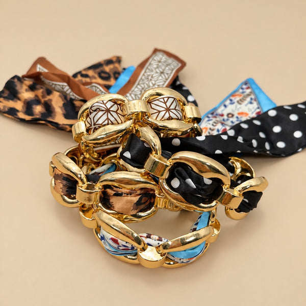 Printed Silk Scarf-Wrapped Gold Cuff Bracelets | 40B5288