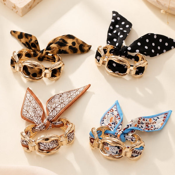 Printed Silk Scarf-Wrapped Gold Cuff Bracelets | 40B5288