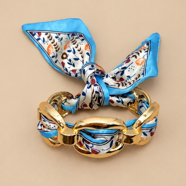 Printed Silk Scarf-Wrapped Gold Cuff Bracelets | 40B5288
