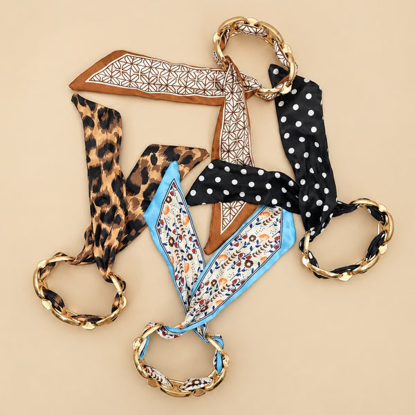 Printed Silk Scarf-Wrapped Gold Cuff Bracelets | 40B5288