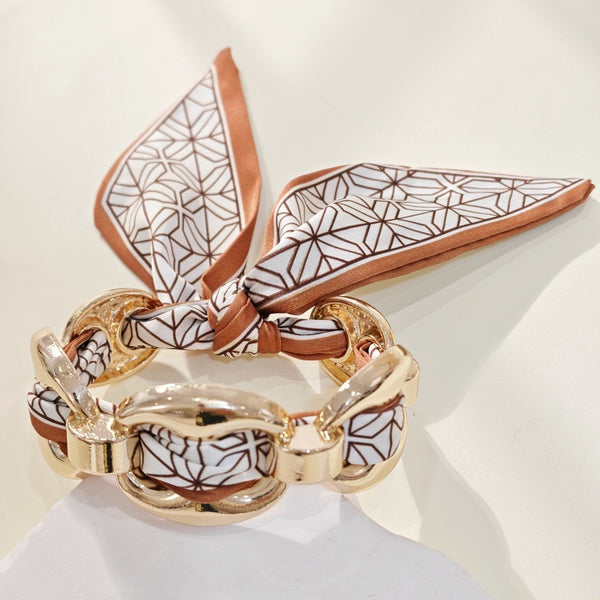 Printed Silk Scarf-Wrapped Gold Cuff Bracelets | 40B5288