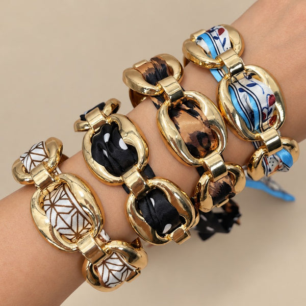 Printed Silk Scarf-Wrapped Gold Cuff Bracelets | 40B5288