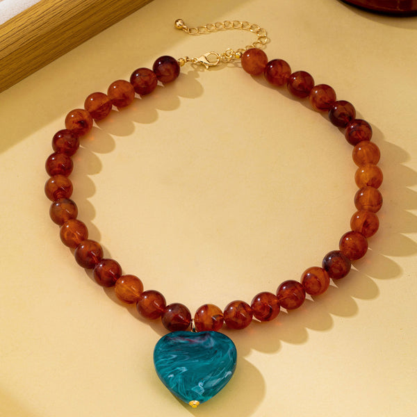 Marbled Bead Heart Pendant Statement Necklace | 80N93830