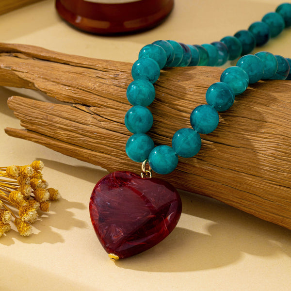 Marbled Bead Heart Pendant Statement Necklace | 80N93830