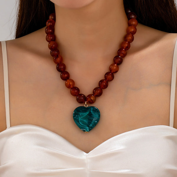 Marbled Bead Heart Pendant Statement Necklace | 80N93830