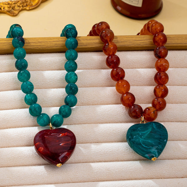 Marbled Bead Heart Pendant Statement Necklace | 80N93830