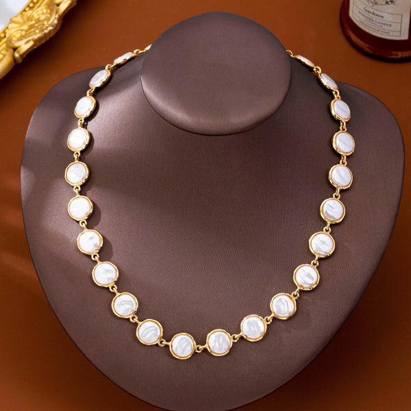 Bezel-Set Faux Coin Pearl Station Necklace | 80N93827