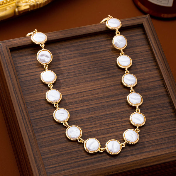 Bezel-Set Faux Coin Pearl Station Necklace | 80N93827