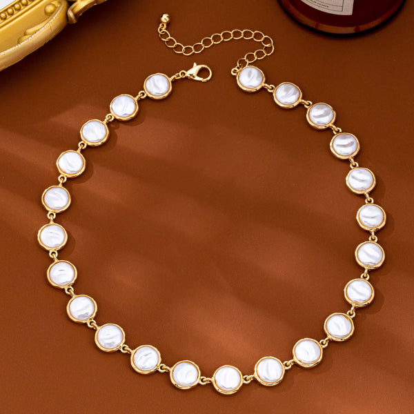 Bezel-Set Faux Coin Pearl Station Necklace | 80N93827