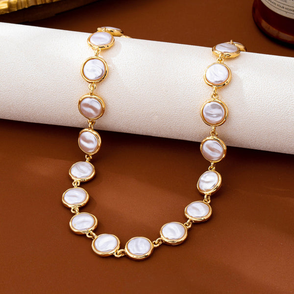 Bezel-Set Faux Coin Pearl Station Necklace | 80N93827