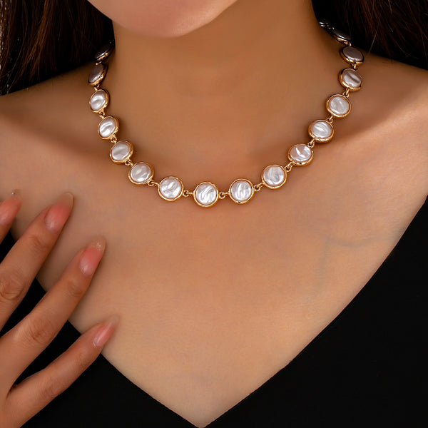 Bezel-Set Faux Coin Pearl Station Necklace | 80N93827