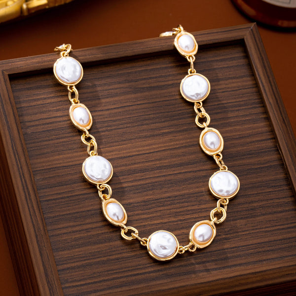 Bezel-Set Coin & Oval Faux Pearl Necklace | 80N93823
