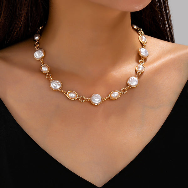 Bezel-Set Coin & Oval Faux Pearl Necklace | 80N93823
