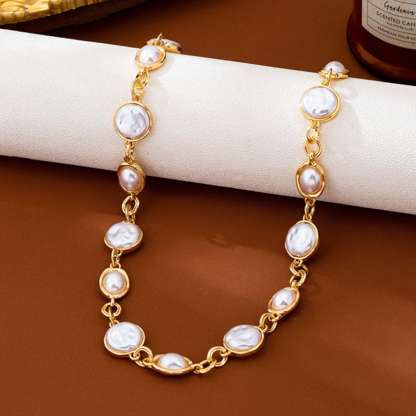 Bezel-Set Coin & Oval Faux Pearl Necklace | 80N93823