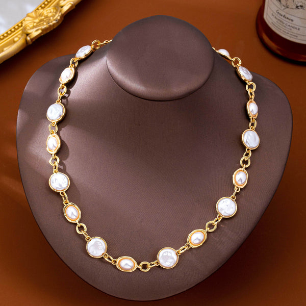 Bezel-Set Coin & Oval Faux Pearl Necklace | 80N93823