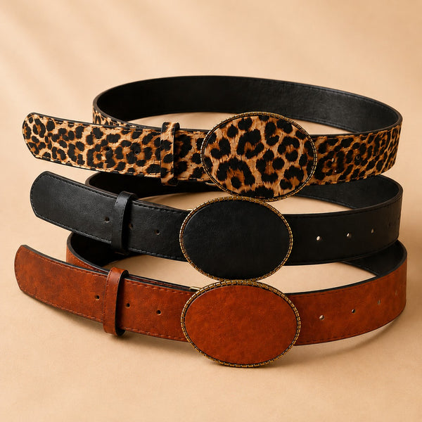Western Oval Buckle Faux Leather & Leopard Belt | 40BT660