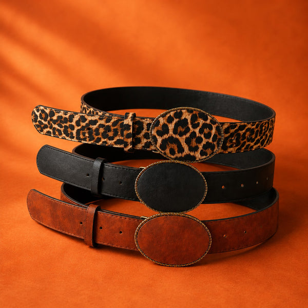 Western Oval Buckle Faux Leather & Leopard Belt | 40BT660